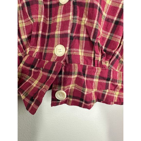 Eggka Peasant Milkmaid Crop Top Red Cream Plaid Long Sleeve Button Front Small - Picture 6 of 7